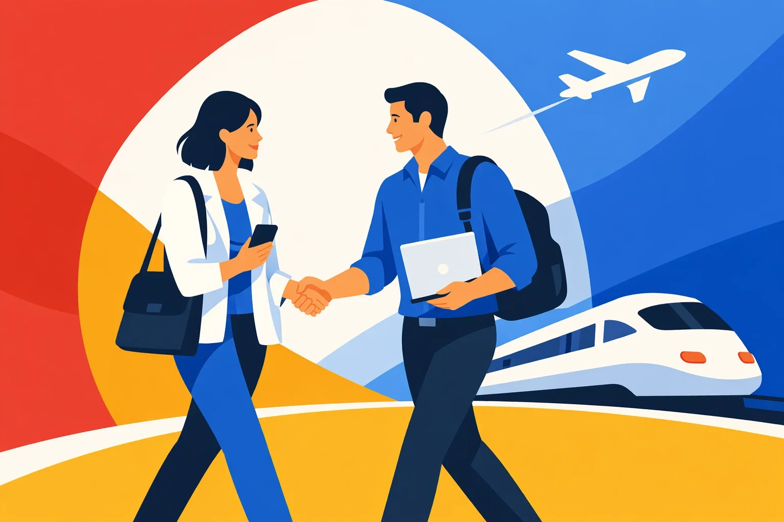 Two professionals shaking hands with travel elements in the background, representing business partnership, opportunity, and growth.