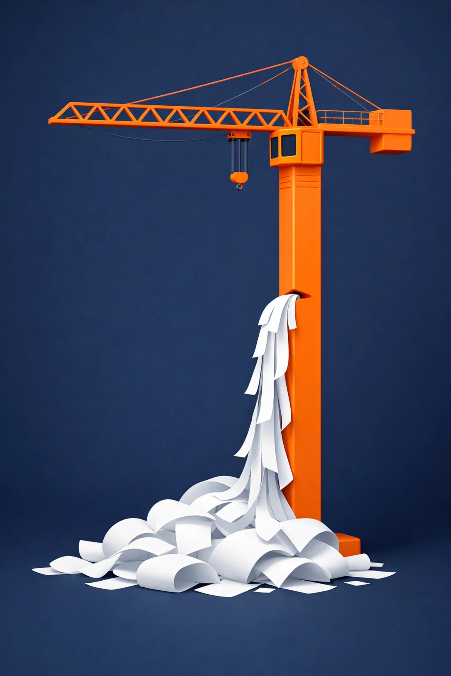 Construction crane releasing a cascade of papers, representing inefficiency, paperwork overload, or outdated manual processes.