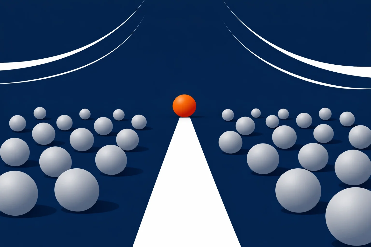 Single red sphere at the end of a path separating from a group of gray spheres, symbolizing leadership, differentiation, and standing out.