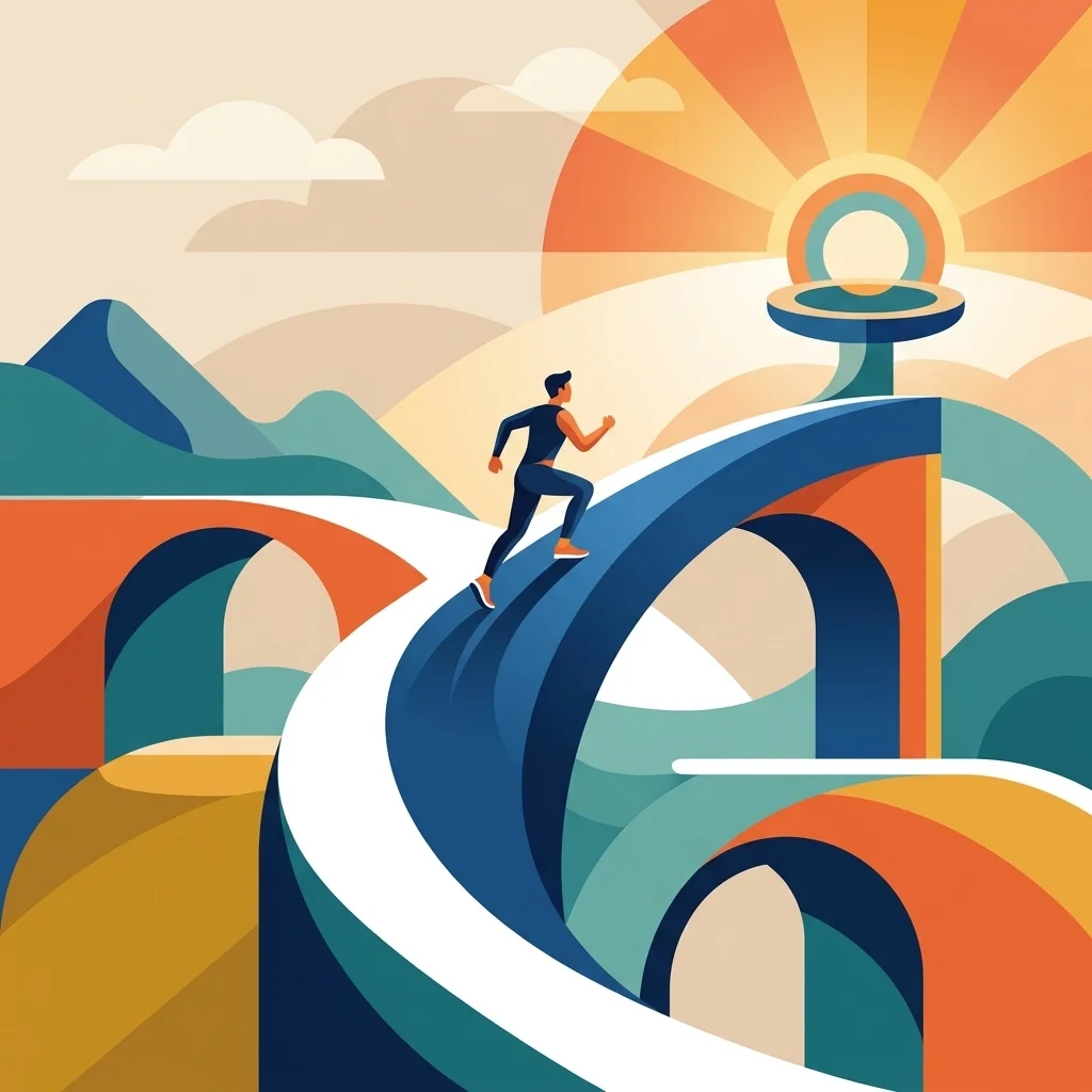 Runner ascending a curved path toward a glowing goal, representing progress, ambition, and achieving long-term success.