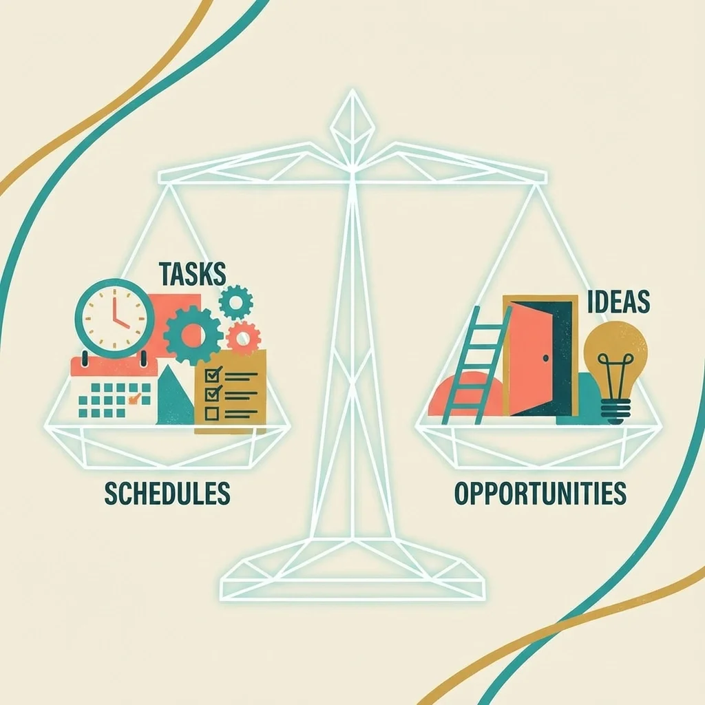 Illustration of a balance scale weighing schedules and tasks against ideas and opportunities, symbolizing work prioritization and strategic planning.
