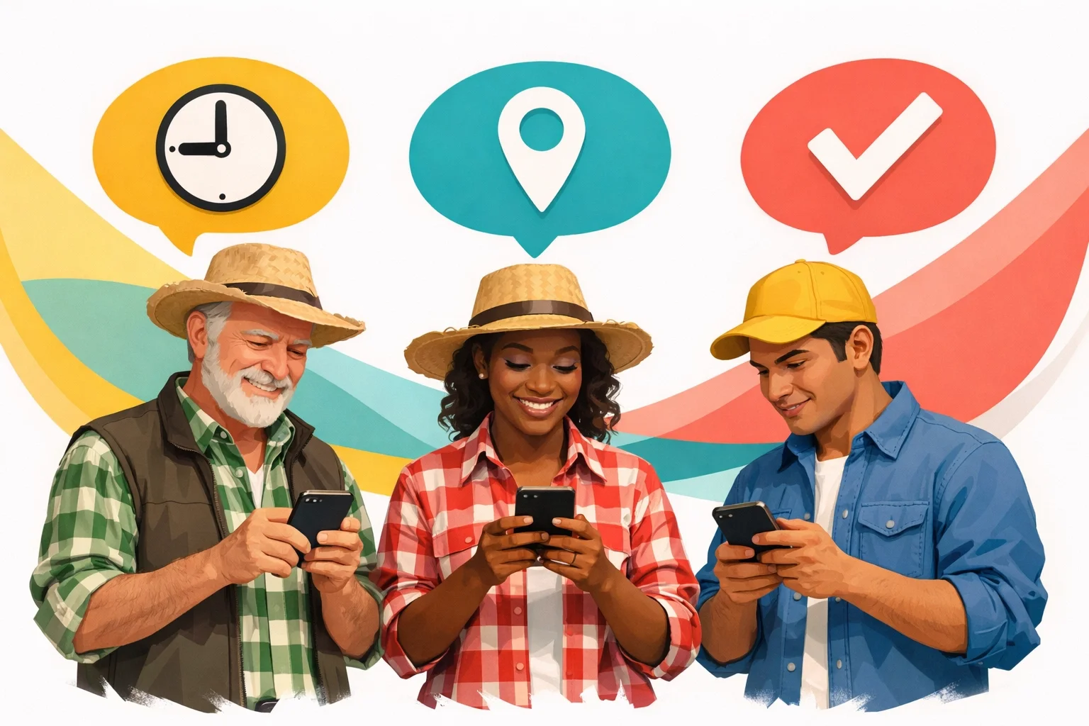 Field workers using smartphones with time tracking, GPS location, and task confirmation icons for digital job management.
