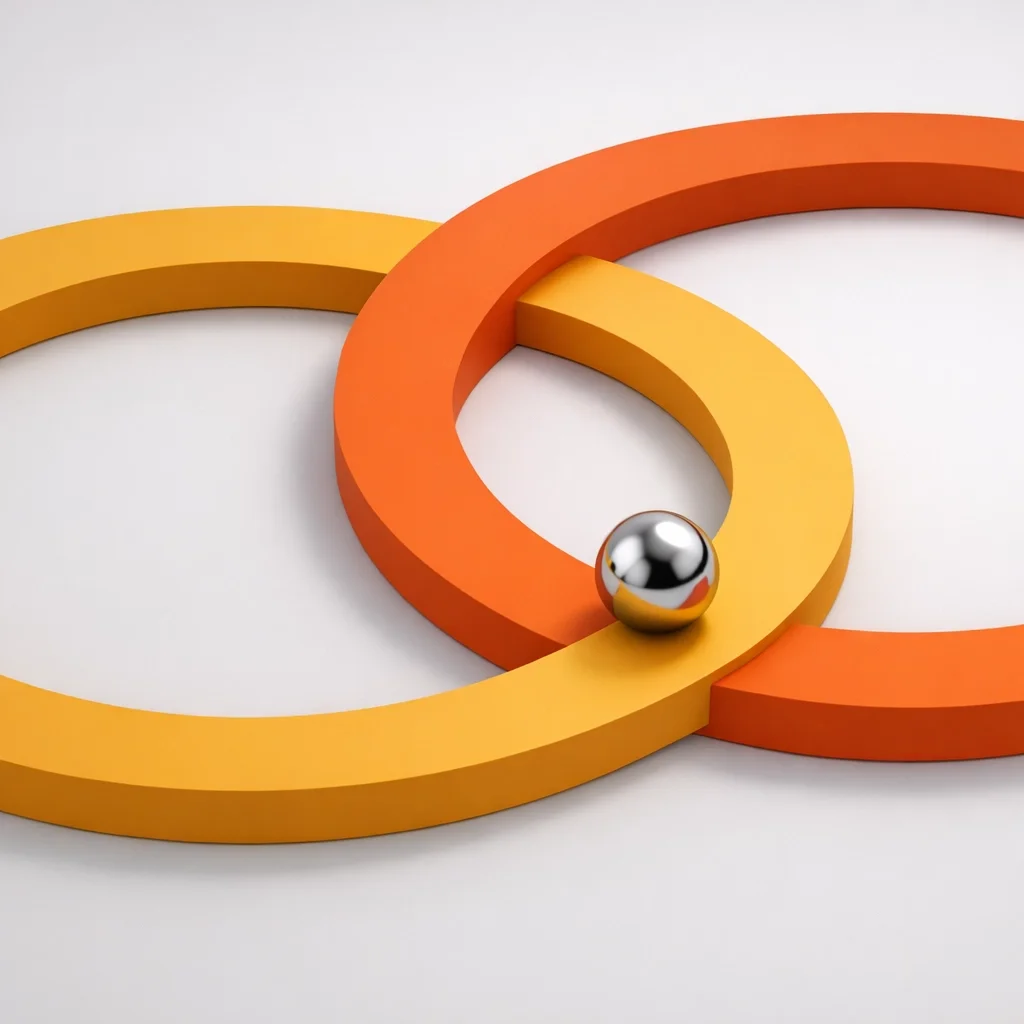 Interlocking orange and yellow rings with a metallic sphere, representing connection, integration, and seamless workflows.
