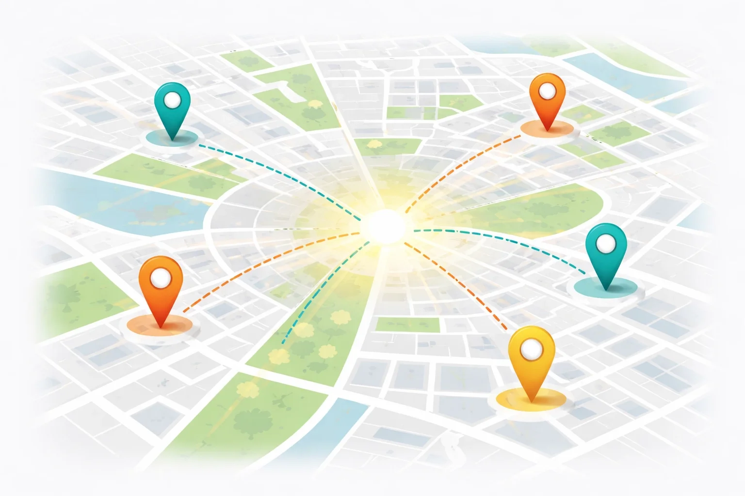 Service area map with connected location pins, representing GPS tracking, dispatch coordination, and multi-site workforce management.