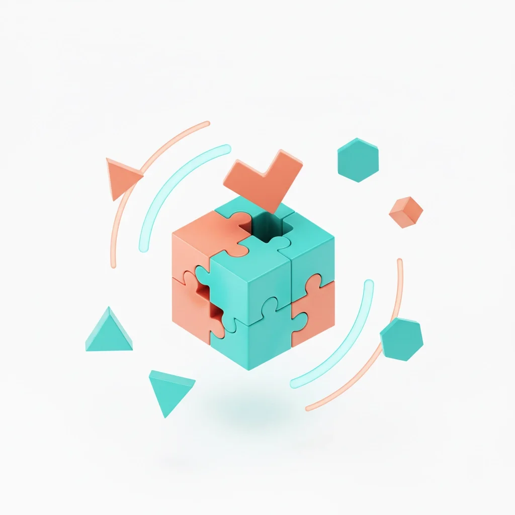 3D puzzle cube with a checkmark and floating geometric shapes symbolizing problem-solving, strategy, and successful completion.