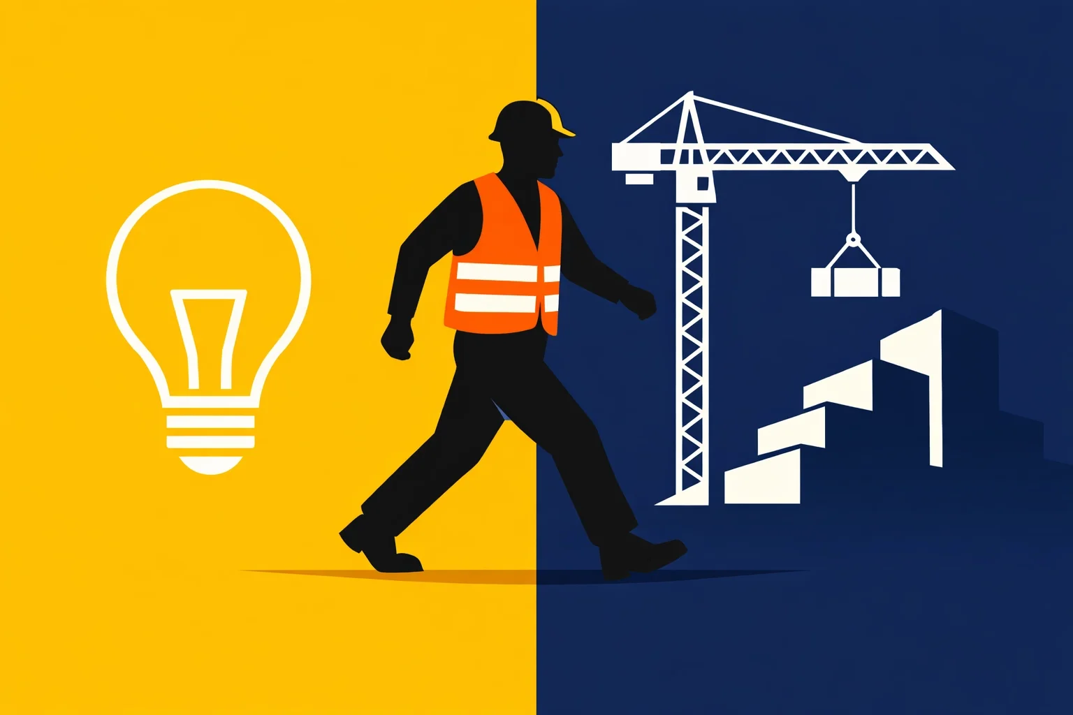 Construction innovation concept showing worker moving toward improved processes, productivity, and new ideas.