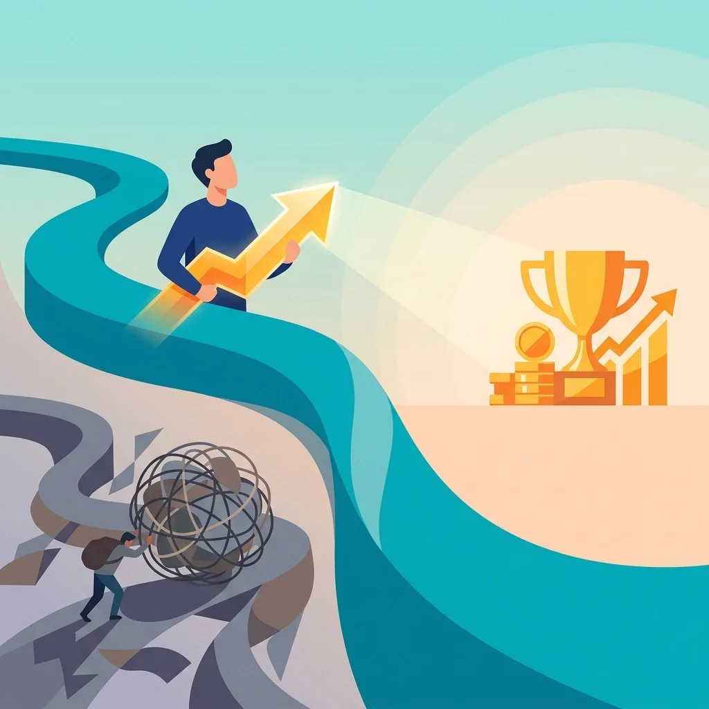 Person navigating from chaos to success, symbolized by moving from a tangled path to a clear upward arrow leading to growth, money, and achievement.