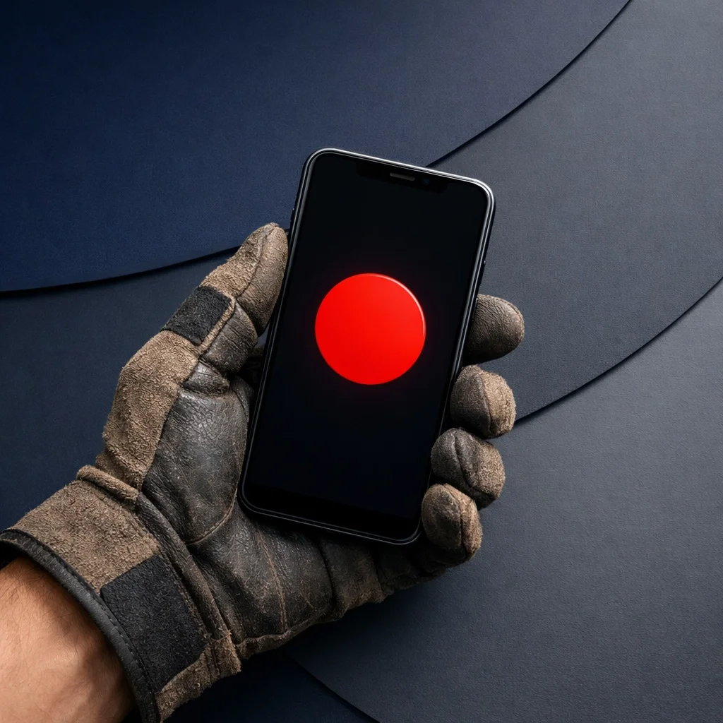 Gloved hand holding a smartphone with a red alert screen, symbolizing risk, downtime, or critical system issues in the field.