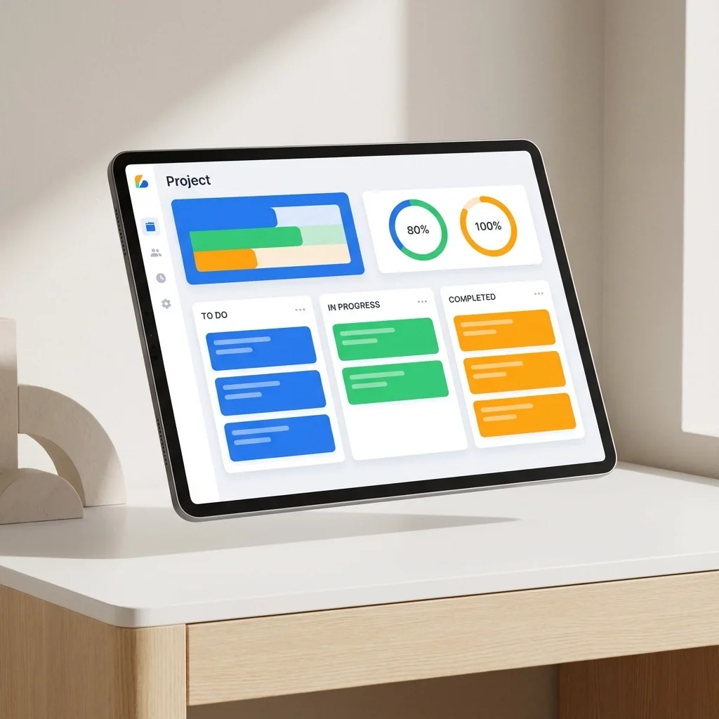 3D illustration of a tablet displaying a project management dashboard with task lists, progress bars, and completion metrics.