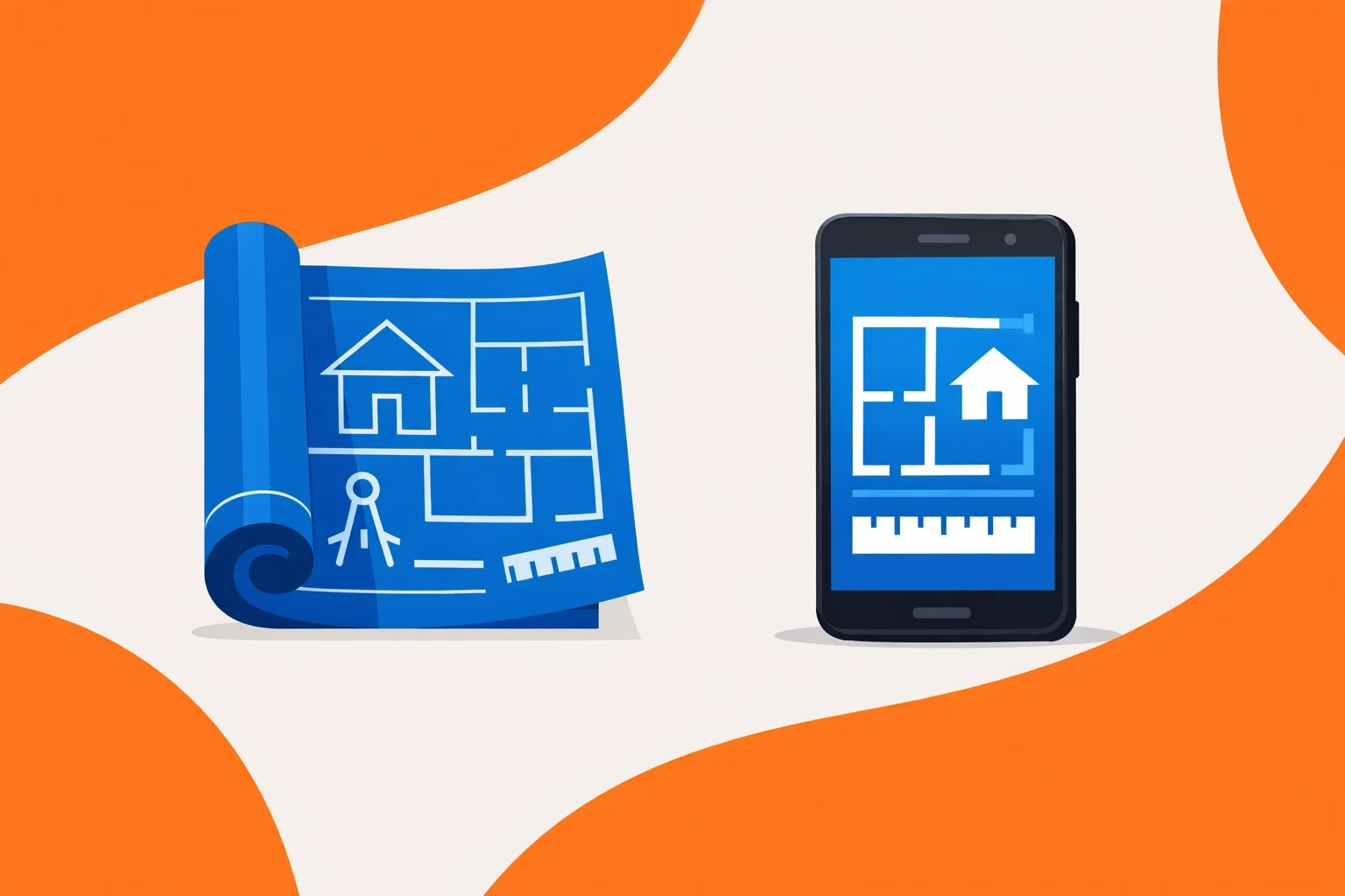 Traditional blueprint beside a smartphone showing a digital floor plan, representing transition from manual processes to digital tools.