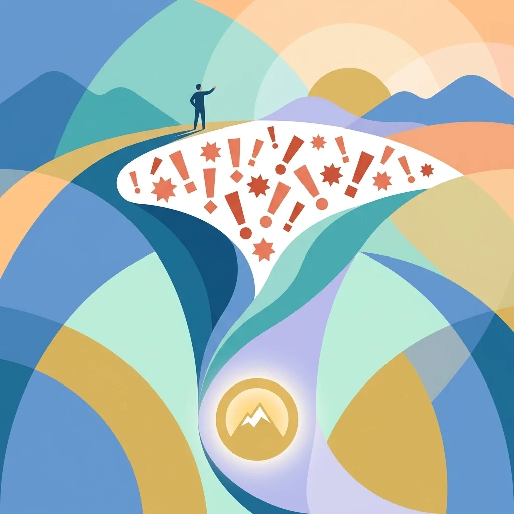 Person standing above scattered warning symbols with a clear path toward a goal, representing overcoming chaos and navigating toward success.