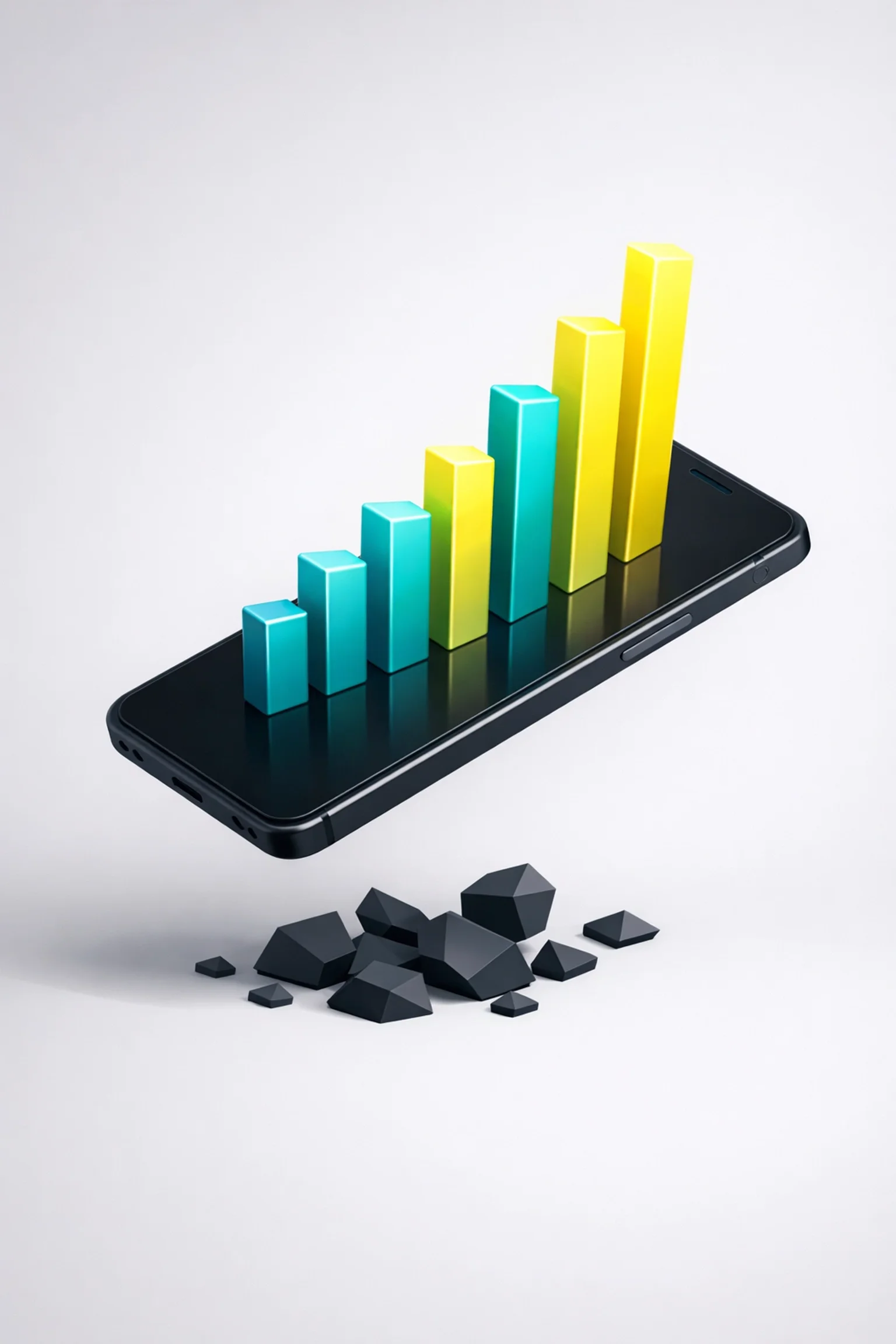 Smartphone displaying rising performance charts, representing improved productivity, data tracking, and business growth.