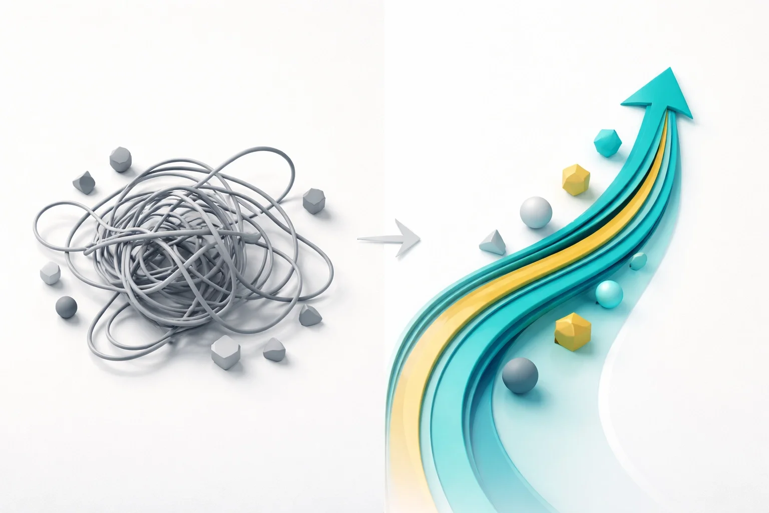 Messy tangled lines transforming into a smooth upward arrow, symbolizing clarity, process improvement, and business growth.