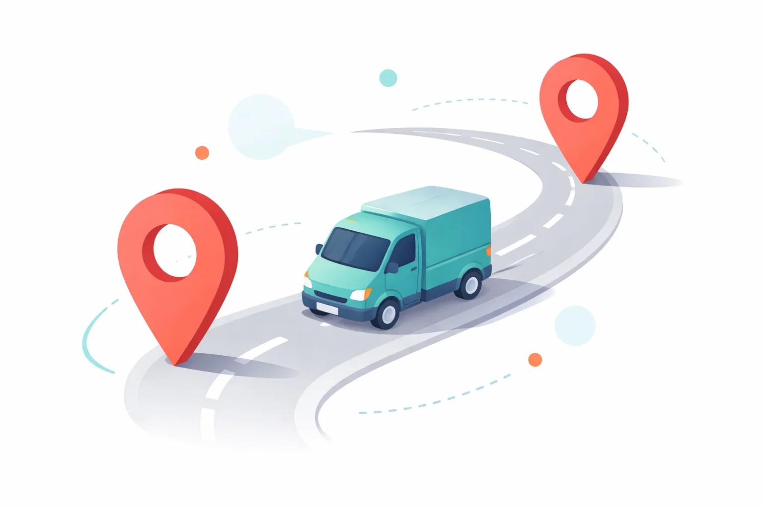 Delivery van driving along a curved route with location pins, symbolizing route optimization and fleet tracking.