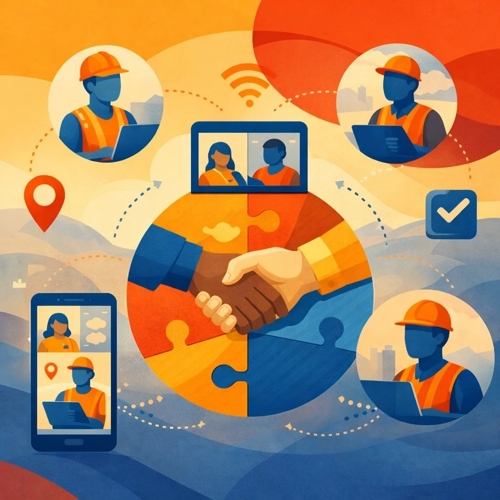 Illustration of connected field workers collaborating through mobile devices and video calls, symbolizing teamwork, communication, and unified workforce management.