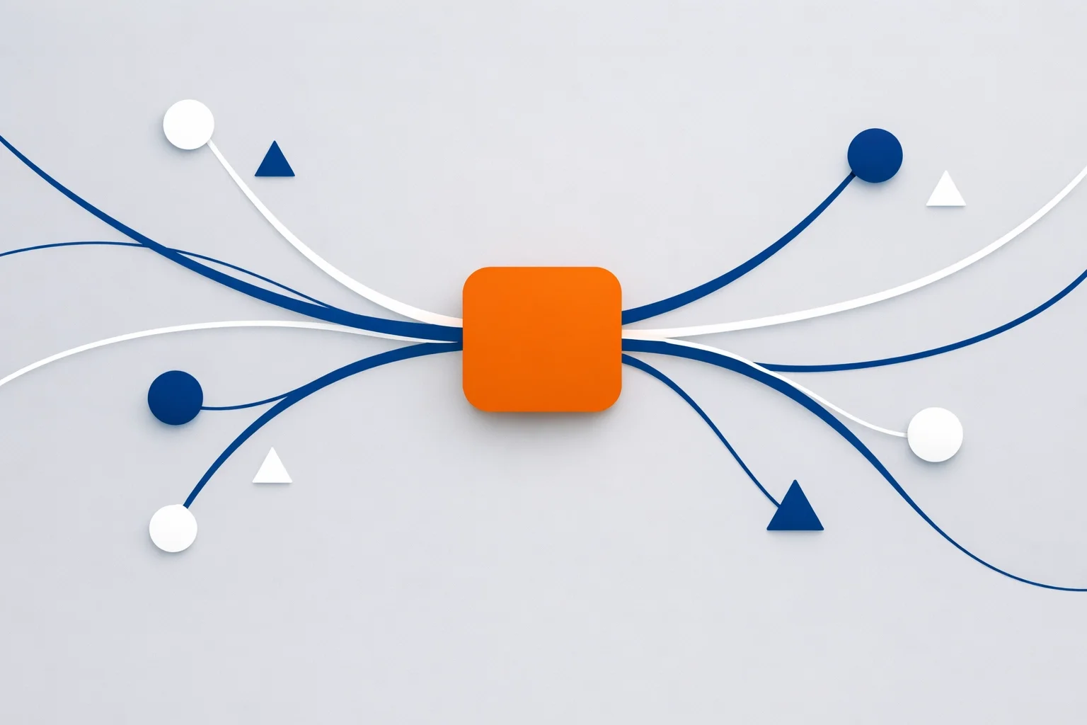 Abstract illustration of centralized platform connecting multiple workflows, data paths, and operational processes