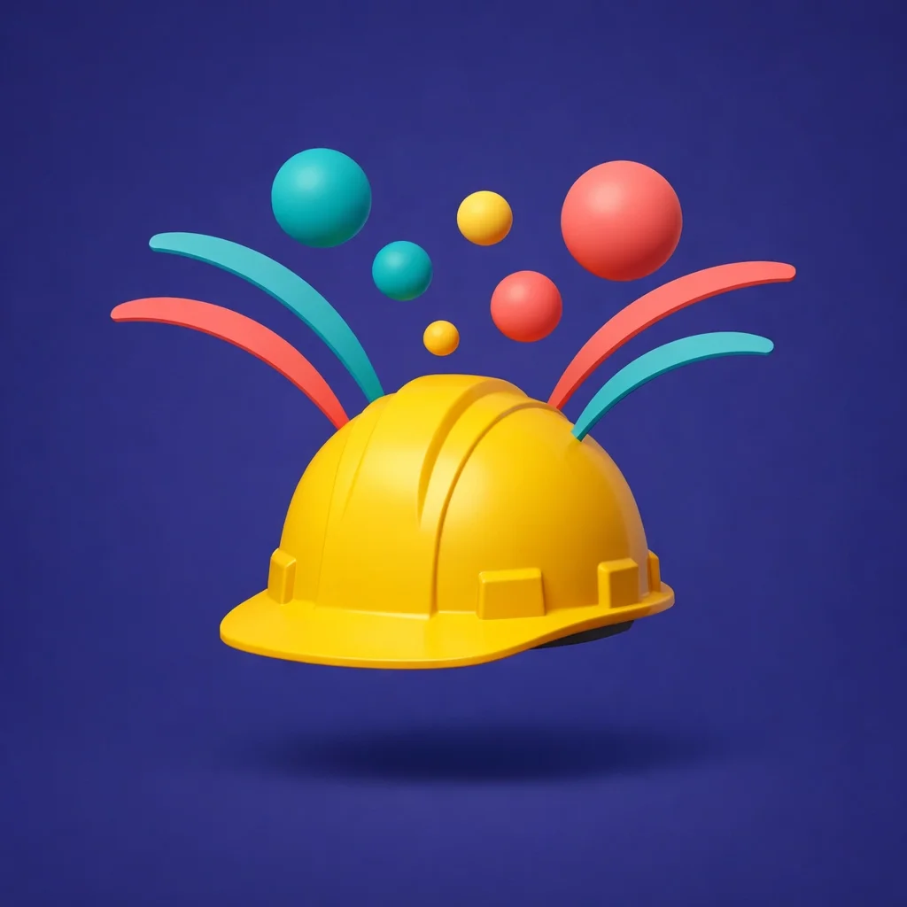 Yellow construction hard hat with colorful shapes emerging upward, symbolizing innovation, creativity, and new ideas in the construction industry.