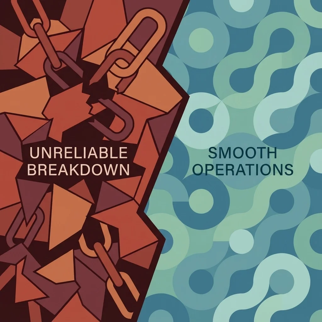 Split illustration comparing chaotic, unreliable operations on the left with smooth, streamlined operations on the right.