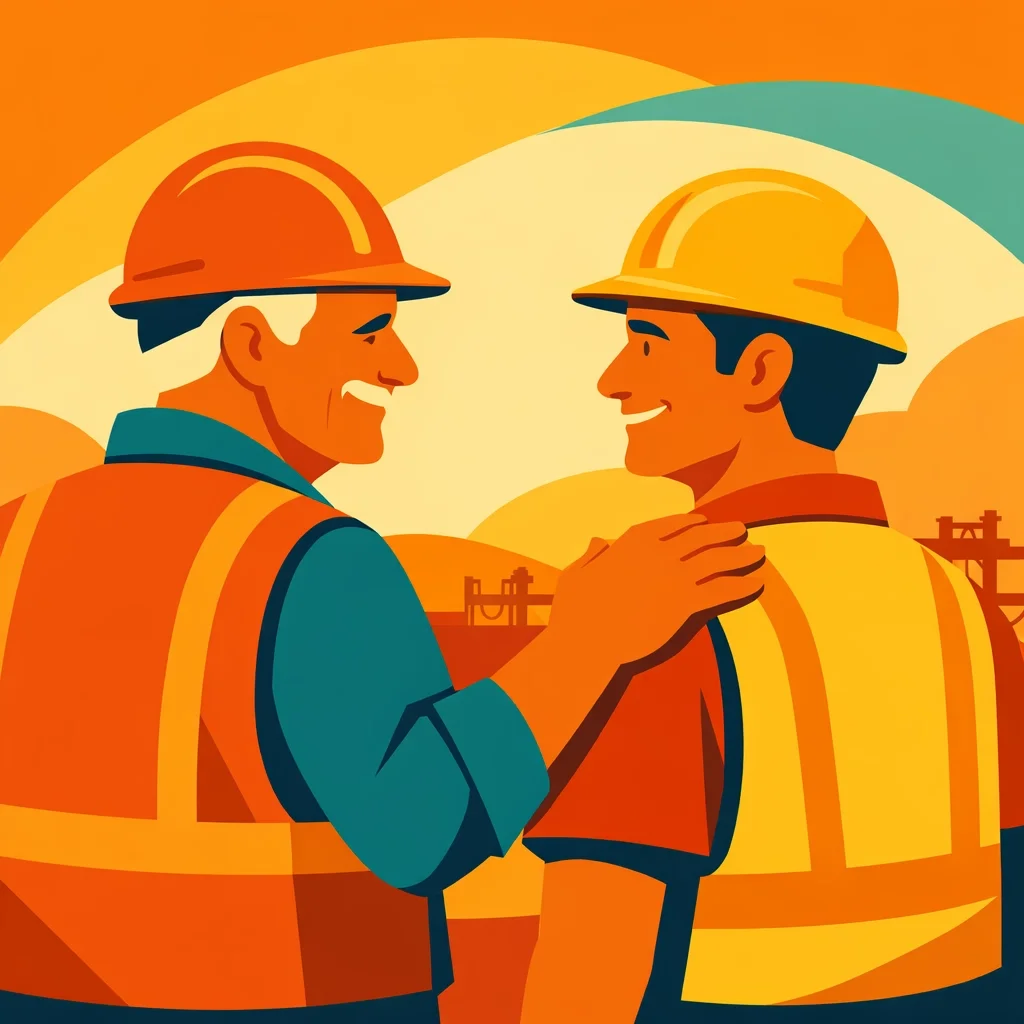 Experienced construction supervisor mentoring younger worker on a job site, representing leadership and knowledge transfer in skilled trades