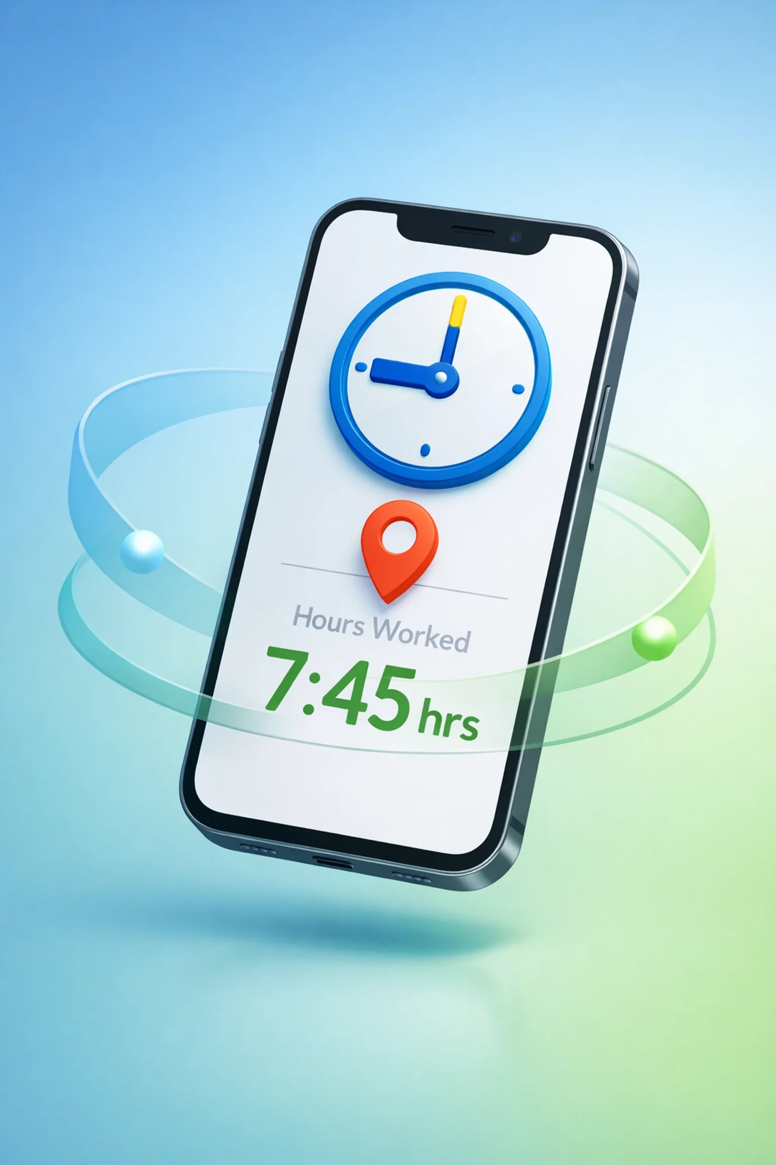 Mobile time tracking app displaying hours worked with location pin and clock icon on smartphone screen