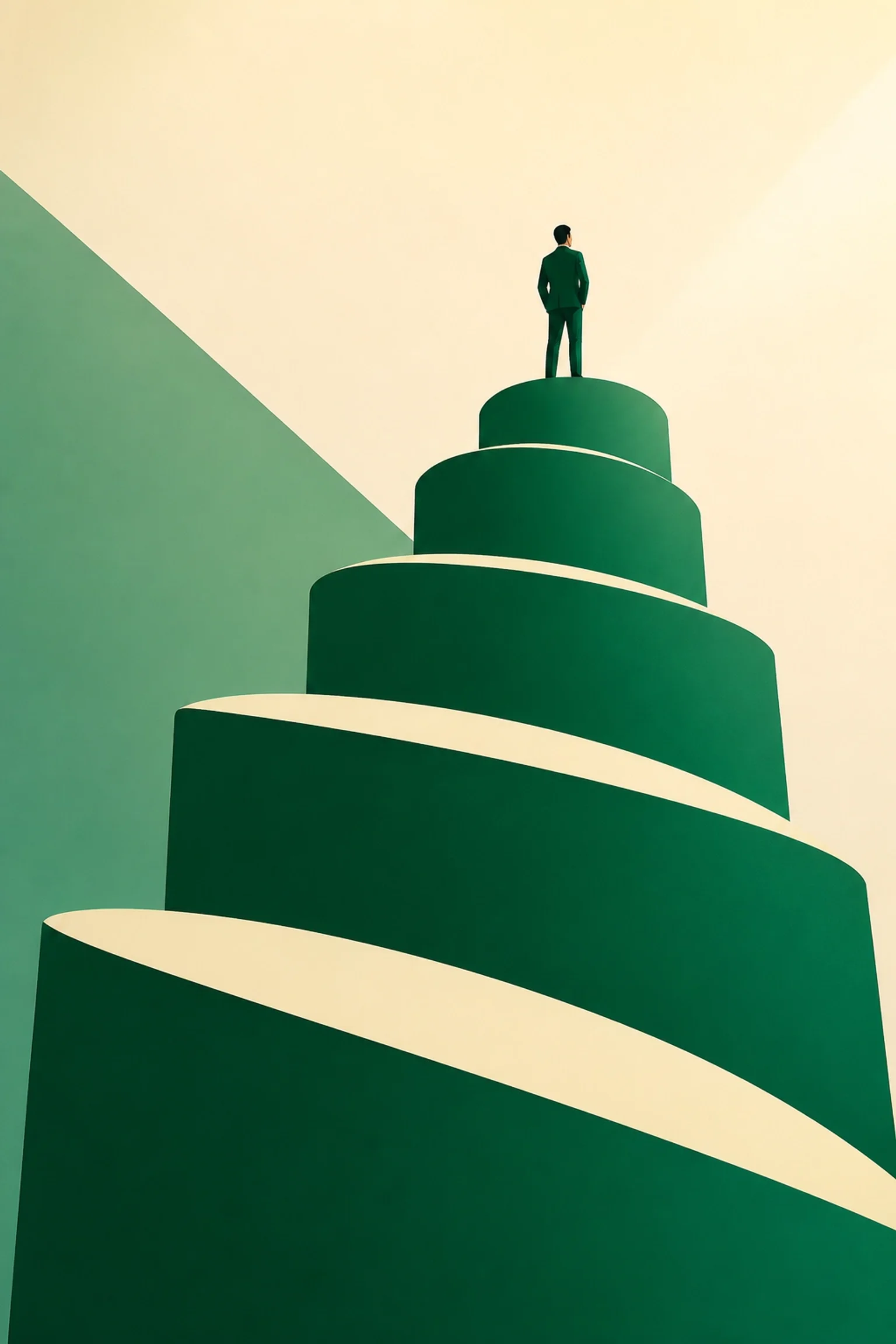 Minimalist illustration of a business leader standing atop layered green platforms, symbolizing ambition, executive growth, strategic vision, and reaching new levels of success.