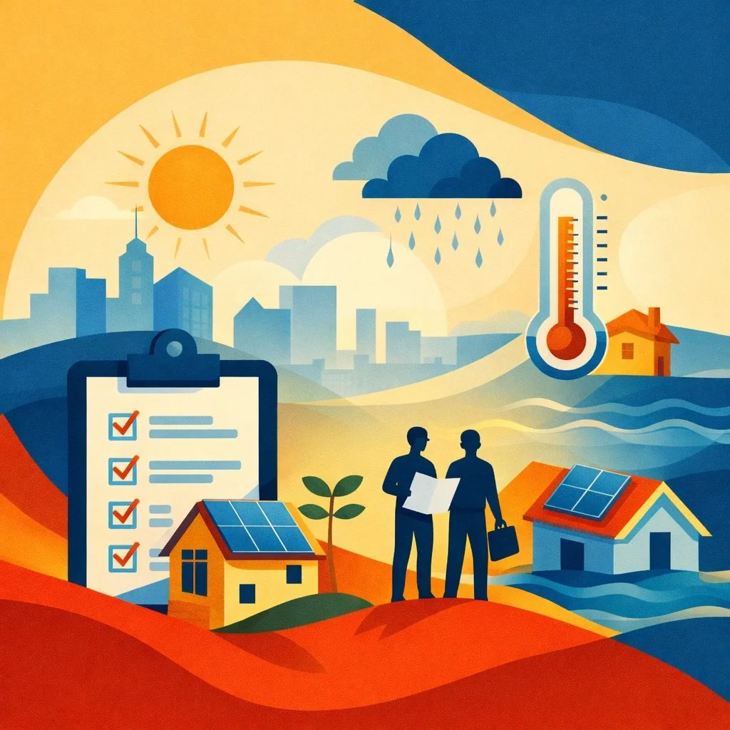 Minimalist illustration of climate resilience planning with workers reviewing plans near solar-powered homes, rising water, rain cloud, thermometer, and city skyline in bold flat colors with curved geometric shapes.
