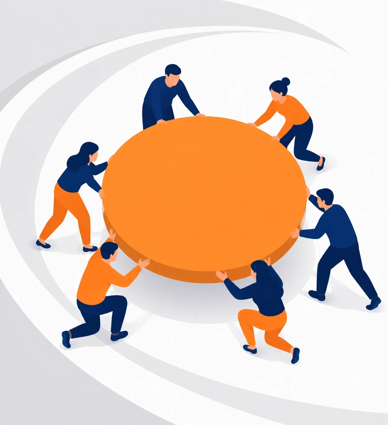 Six people working together to move a large circular object, representing teamwork, collaboration, and shared effort in a minimalist business illustration.