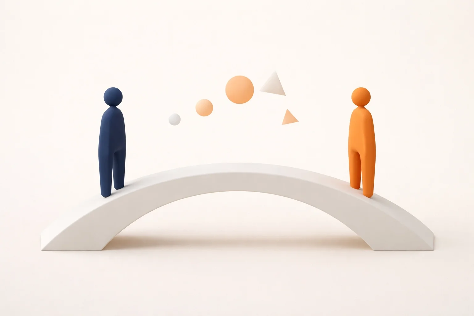 Abstract illustration of two people separated by a gap with a bridge between them, symbolizing closing communication gaps between teams.