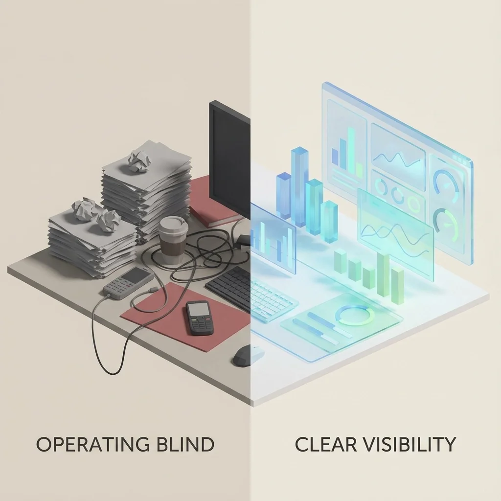 Split illustration comparing paperwork overload and operating blind with real-time dashboards providing clear operational visibility.