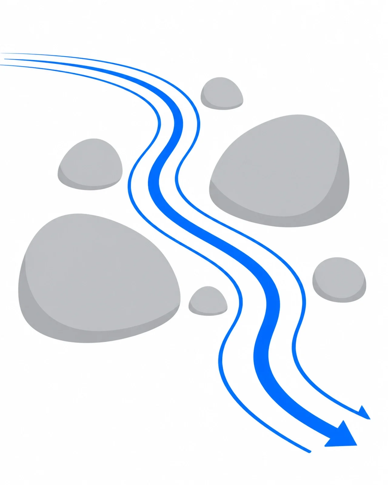 Minimalist illustration of a smooth blue path flowing effortlessly through obstacles, symbolizing a friction-free business process.