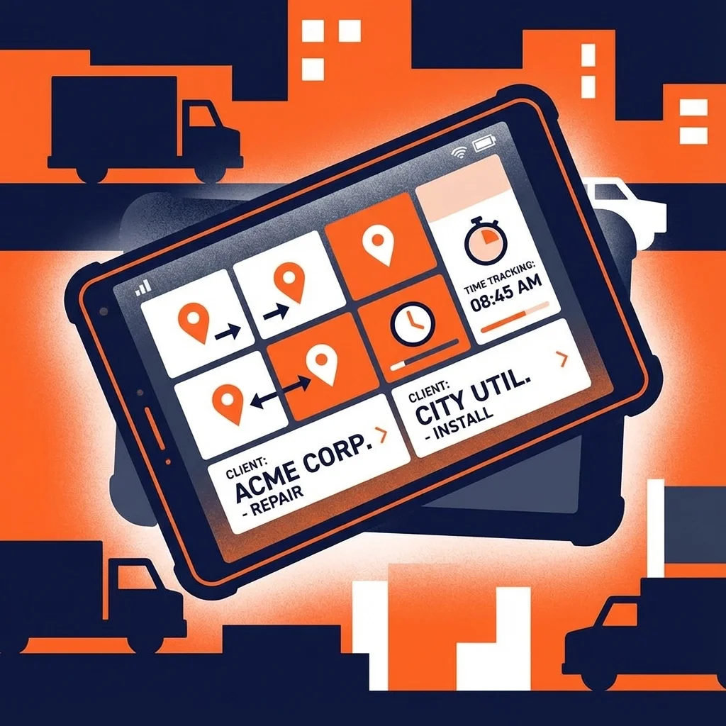 Illustration of a tablet displaying job locations and time tracking for field crews, representing mobile workforce management.