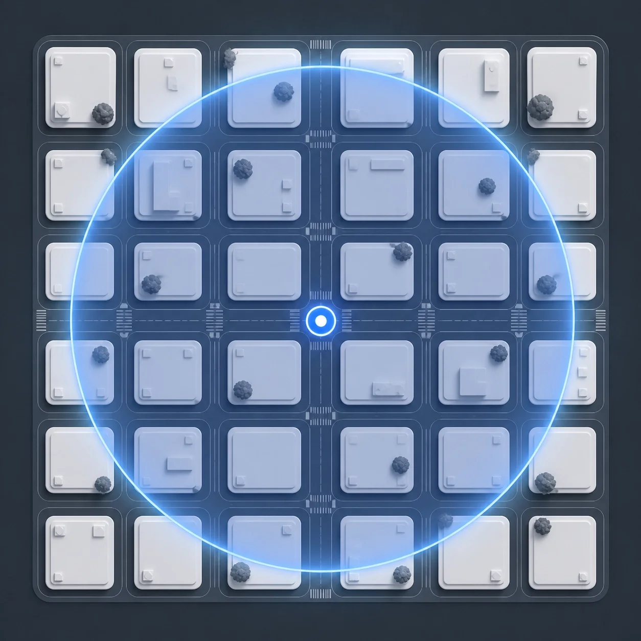 Abstract grid of blocks with a glowing central node and circular highlight, representing centralized systems, data networks, and focus on key metrics.