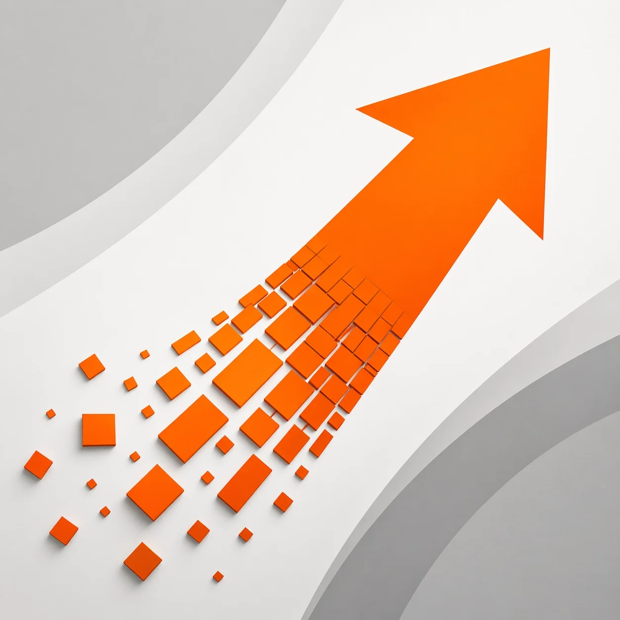 Orange arrow made of pixel-like blocks accelerating upward, symbolizing rapid digital growth and scalable momentum.