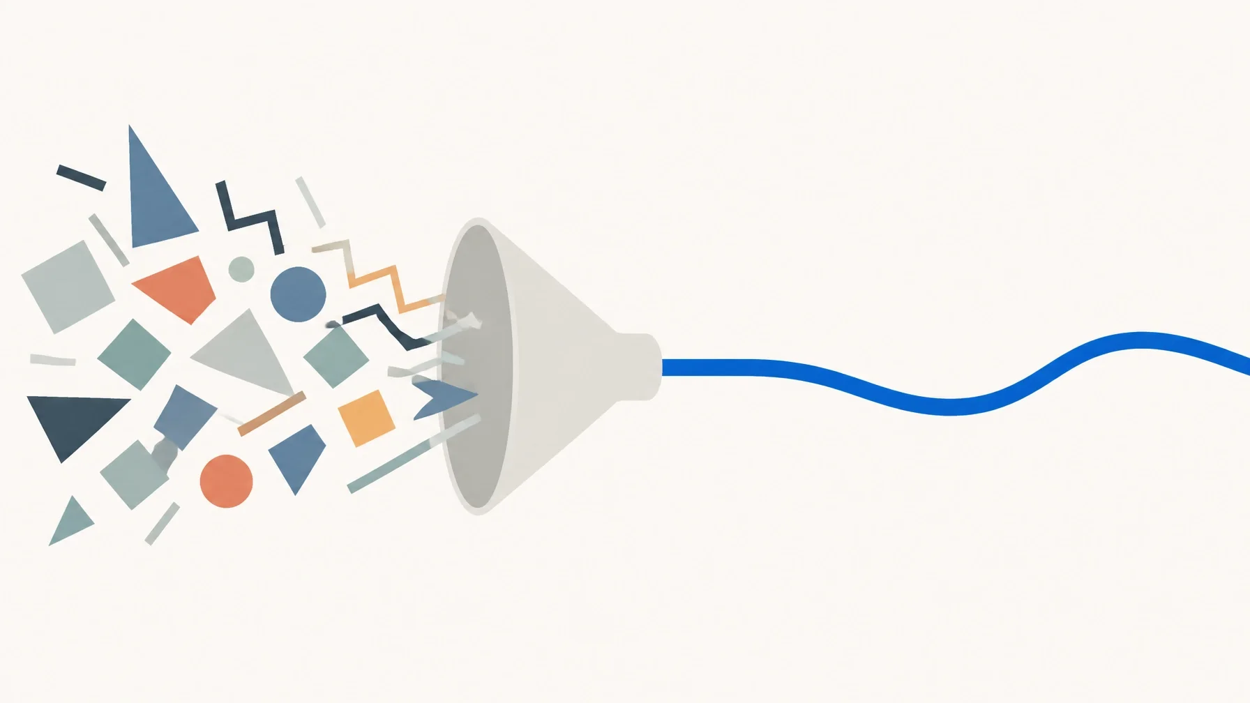 Minimalist illustration of scattered abstract shapes flowing through a funnel into a single clean line, symbolizing simplifying complexity, process refinement, and operational efficiency.