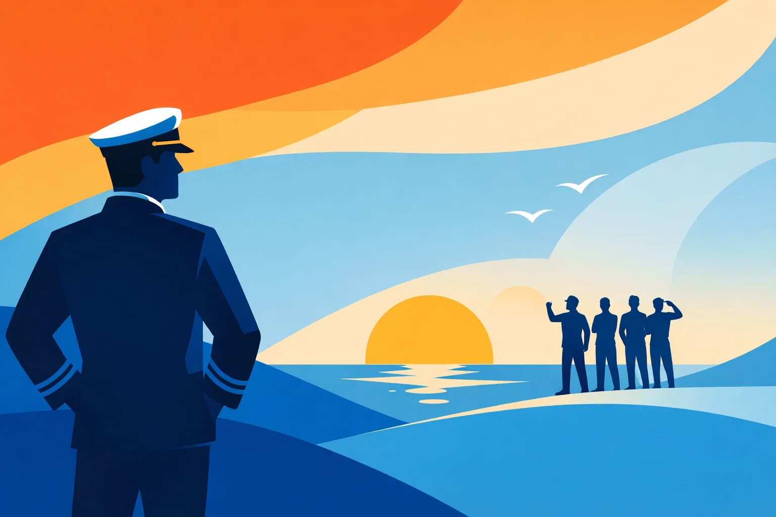 Ship captain overlooking crew at sunrise across the ocean, symbolizing leadership, guidance, and team direction