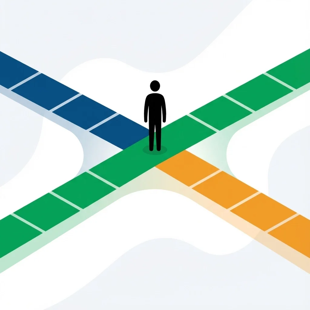 Minimal illustration of a person standing at a multi-directional crossroads, symbolizing decision-making and choosing the right operational path.