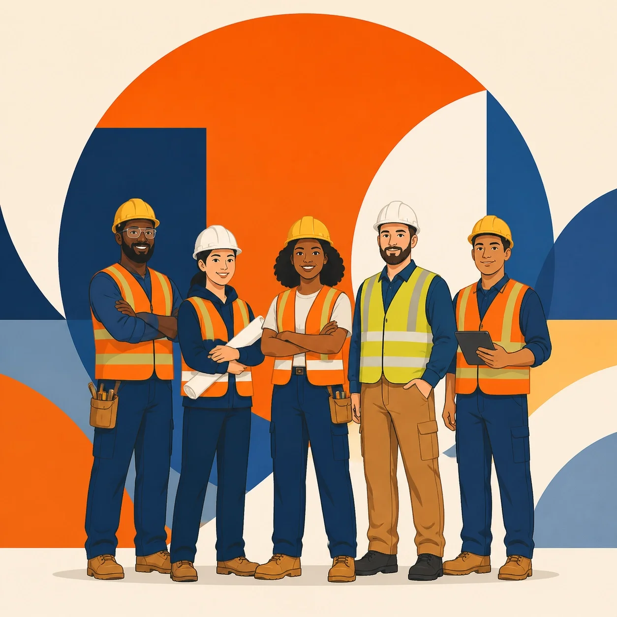 Diverse construction team wearing safety gear and standing confidently together against a geometric background, representing teamwork, leadership, collaboration, and workforce unity.