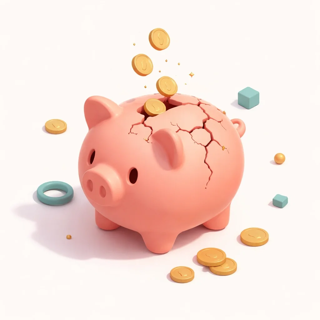 Cracked piggy bank with coins falling out, symbolizing financial leaks, rising costs, or lost profits.