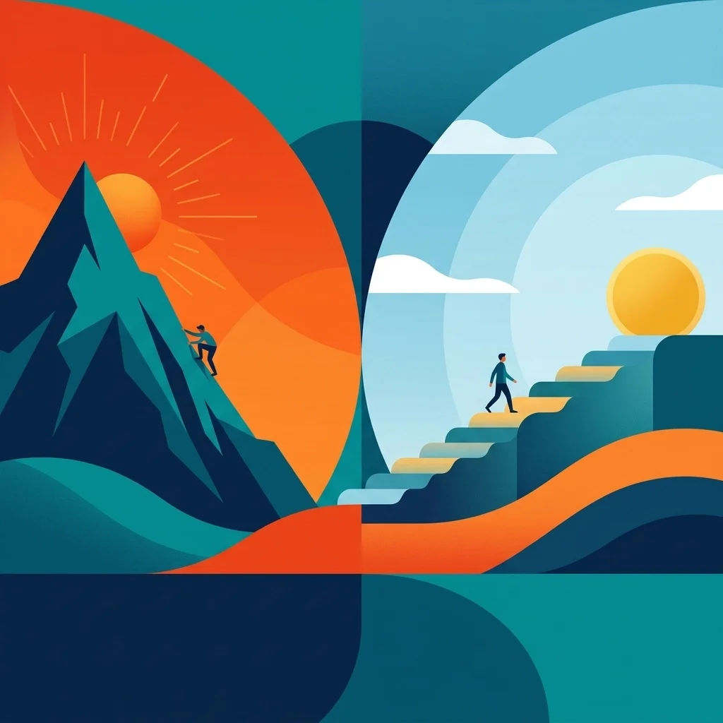 Split-scene illustration comparing climbing a steep mountain with walking gradual steps, symbolizing different paths to growth, progress, and achieving goals.