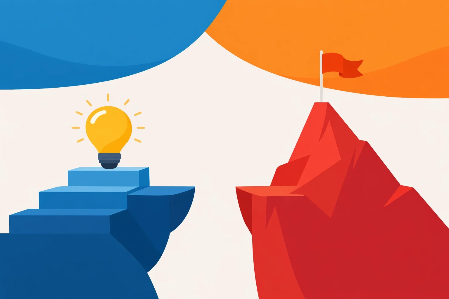 Concept illustration showing idea generation versus achieving goals with lightbulb on steps and flag on mountain peak.