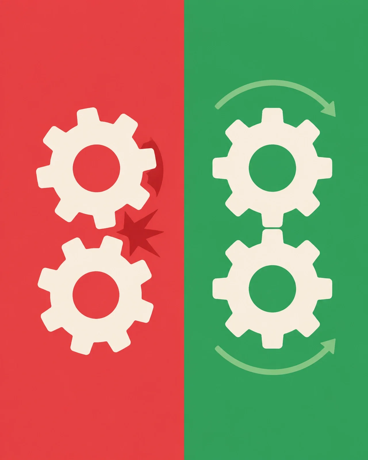 Minimalist illustration of misaligned gears turning into perfectly aligned green gears, representing the move to automated systems.