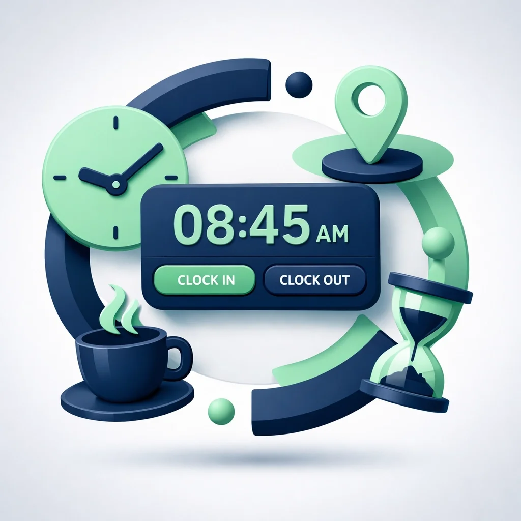 Digital time clock interface displaying clock in and clock out options with location tracking and time management icons.