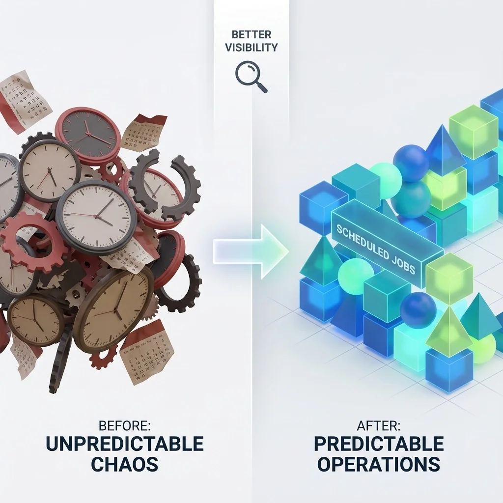 Split illustration showing unpredictable chaos made of clocks and gears transforming into scheduled jobs and predictable operations.