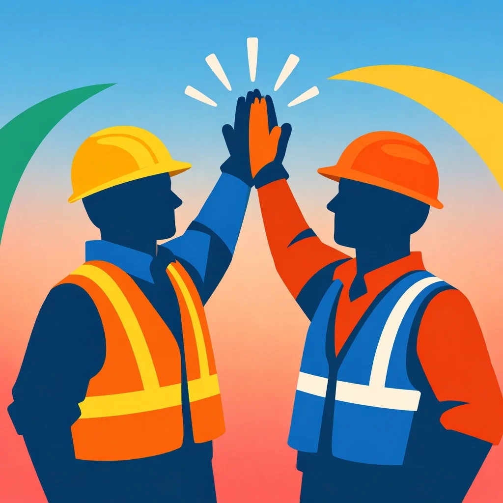 Two construction workers high-fiving on a job site, representing teamwork, safety culture, and collaboration in the trades