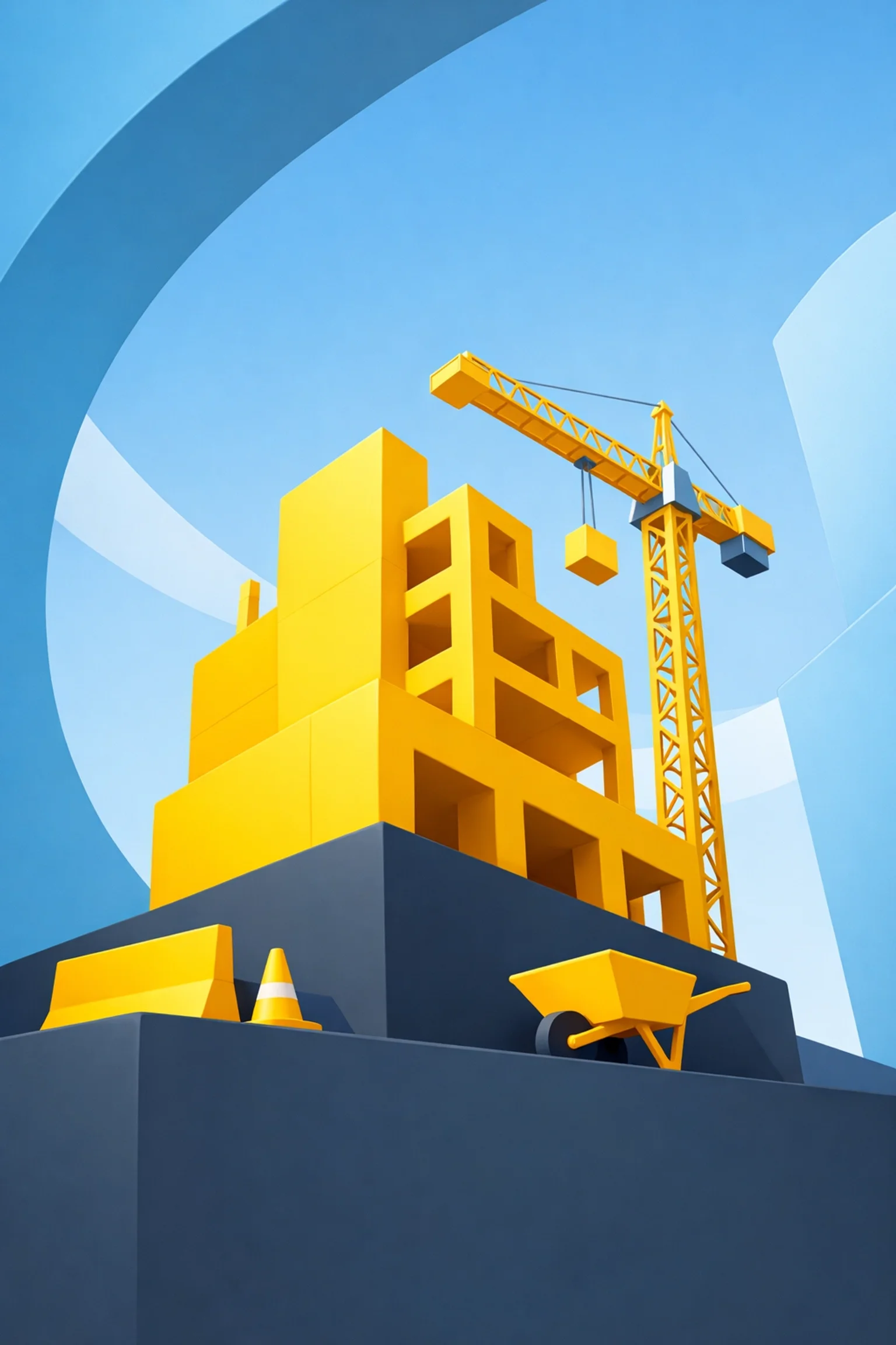3D construction site illustration with crane building a structure, wheelbarrow, and safety cone representing project development.