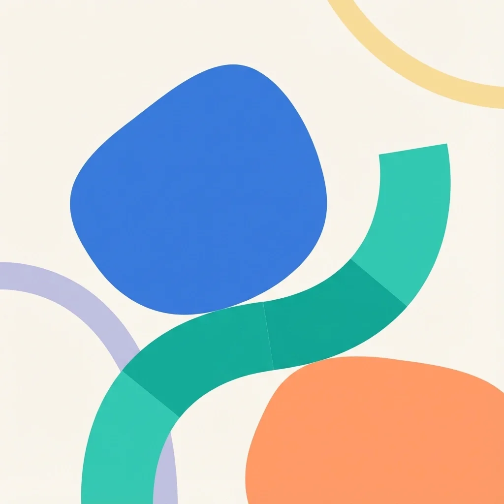 Minimal abstract illustration with overlapping curved shapes and soft colors, representing smooth workflows, balance, and operational flow.