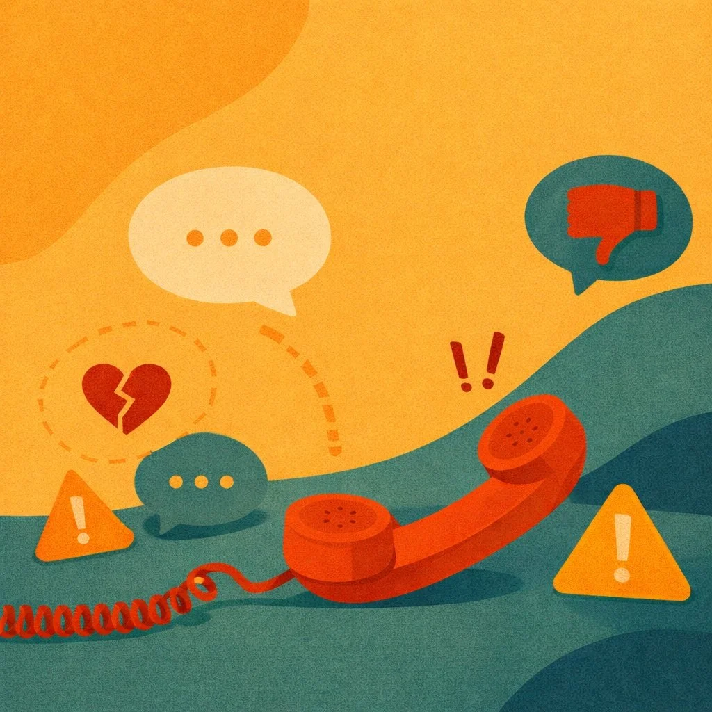 Minimalist illustration of a disconnected phone with warning symbols and speech bubbles, representing missed communication and reasons customers stop calling back.