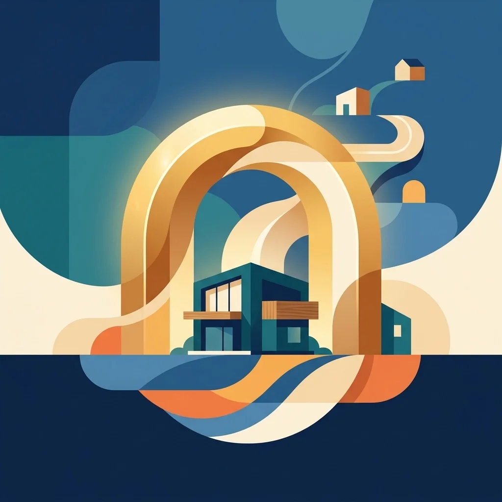 Abstract illustration of a modern home framed by layered arches and flowing pathways, symbolizing connected living, smart infrastructure, growth, and long-term stability.