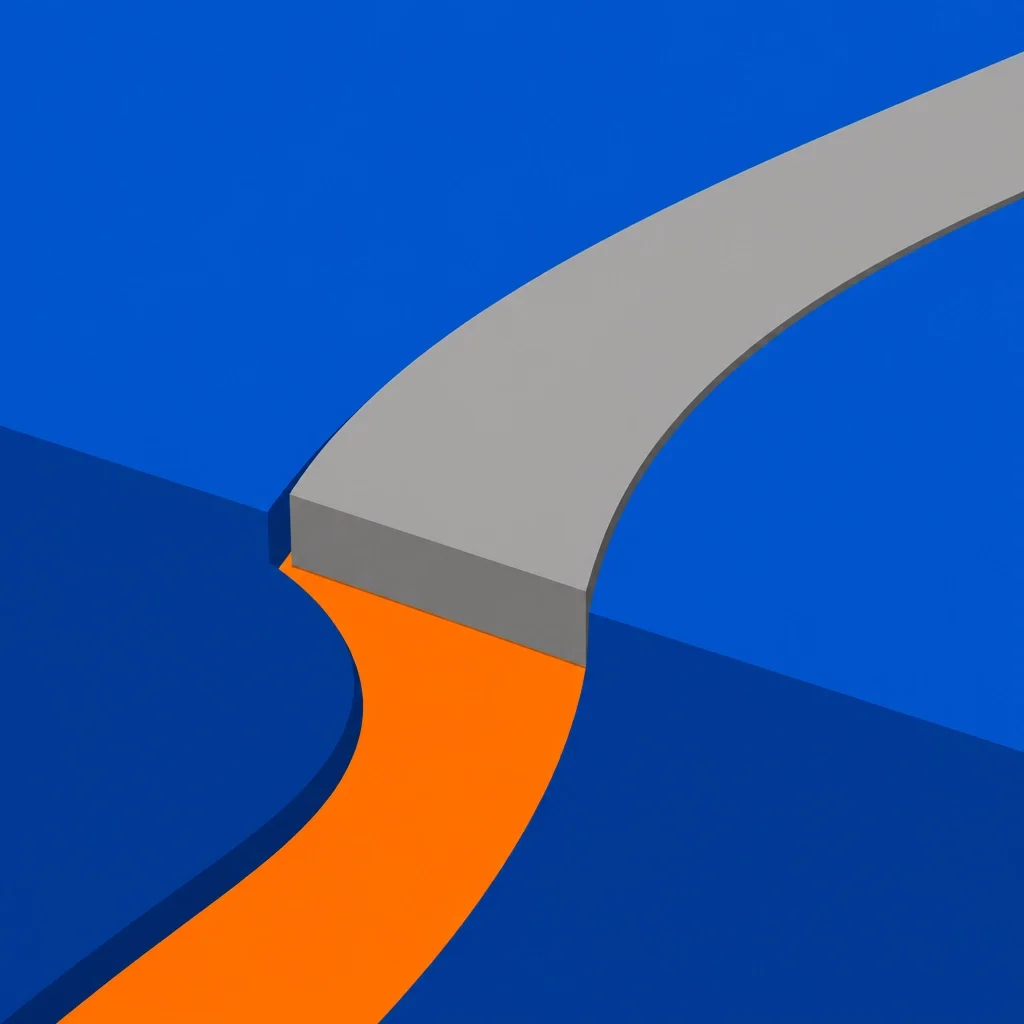 A solid blue geometric foundation with a single bright orange curved crack being filled by a perfectly fitting grey shape, representing the repair of small business leaks.