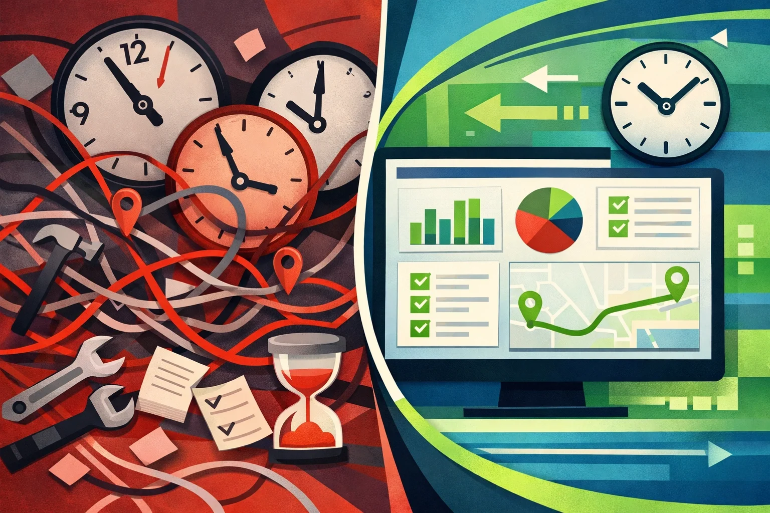 Split illustration comparing chaotic manual scheduling and tangled routes with organized digital dashboard and optimized job tracking.